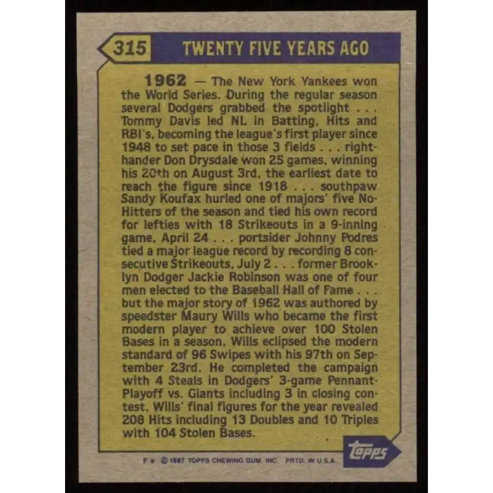 1987 Topps #315 Maury Wills EX Excellent Los Angeles Dodgers Baseball Card - Baseball Card Single