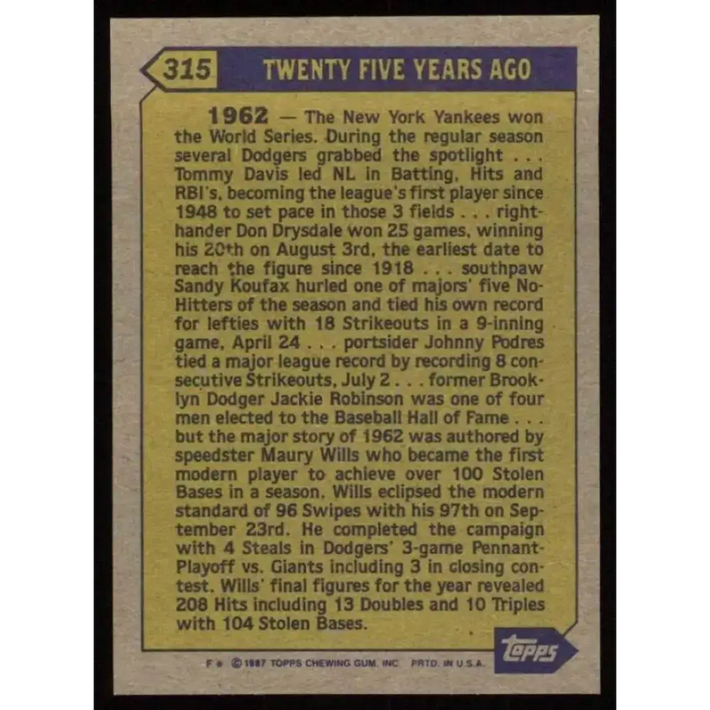 1987 Topps #315 Maury Wills EX Excellent Los Angeles Dodgers Baseball Card - Baseball Card Single