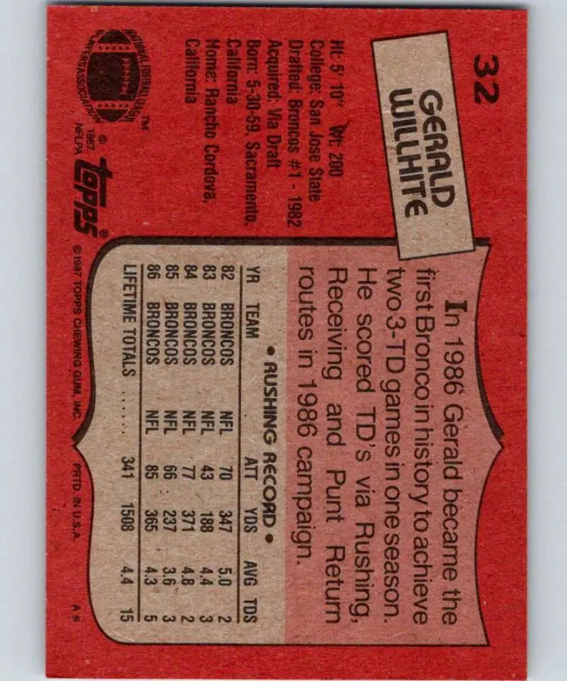 1987 Topps #32 Gerald Willhite EX Excellent Denver Broncos Football Card - Football Card Single