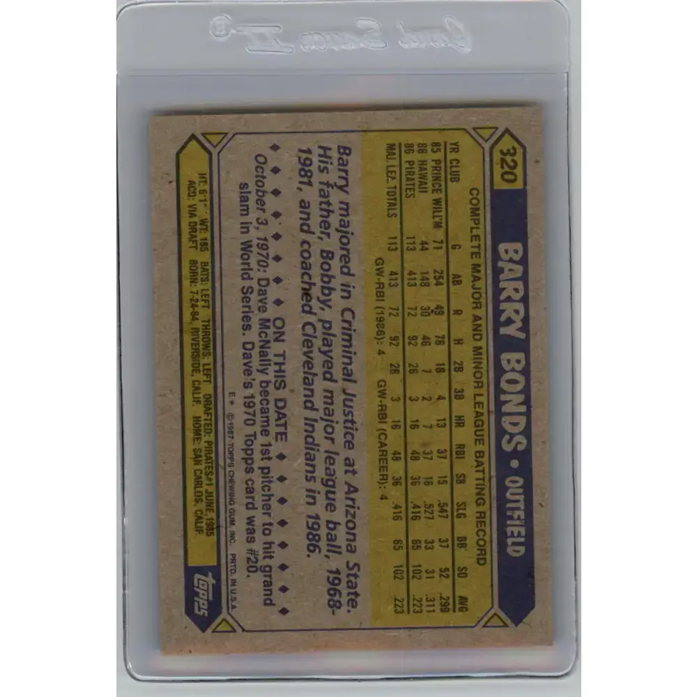 1987 Topps #320 Barry Bonds EX Excellent RC Rookie Pittsburgh Pirates Baseball Card - Baseball Card Single