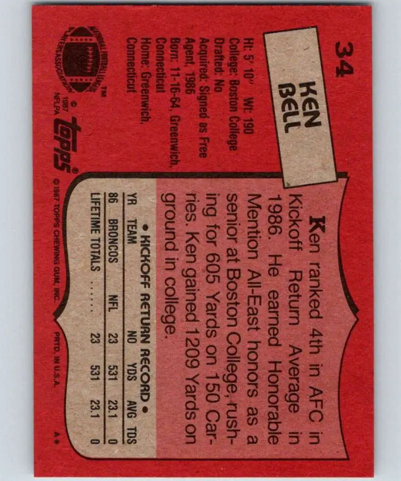 1987 Topps #34 Ken Bell EX Excellent Denver Broncos Football Card - Football Card Single