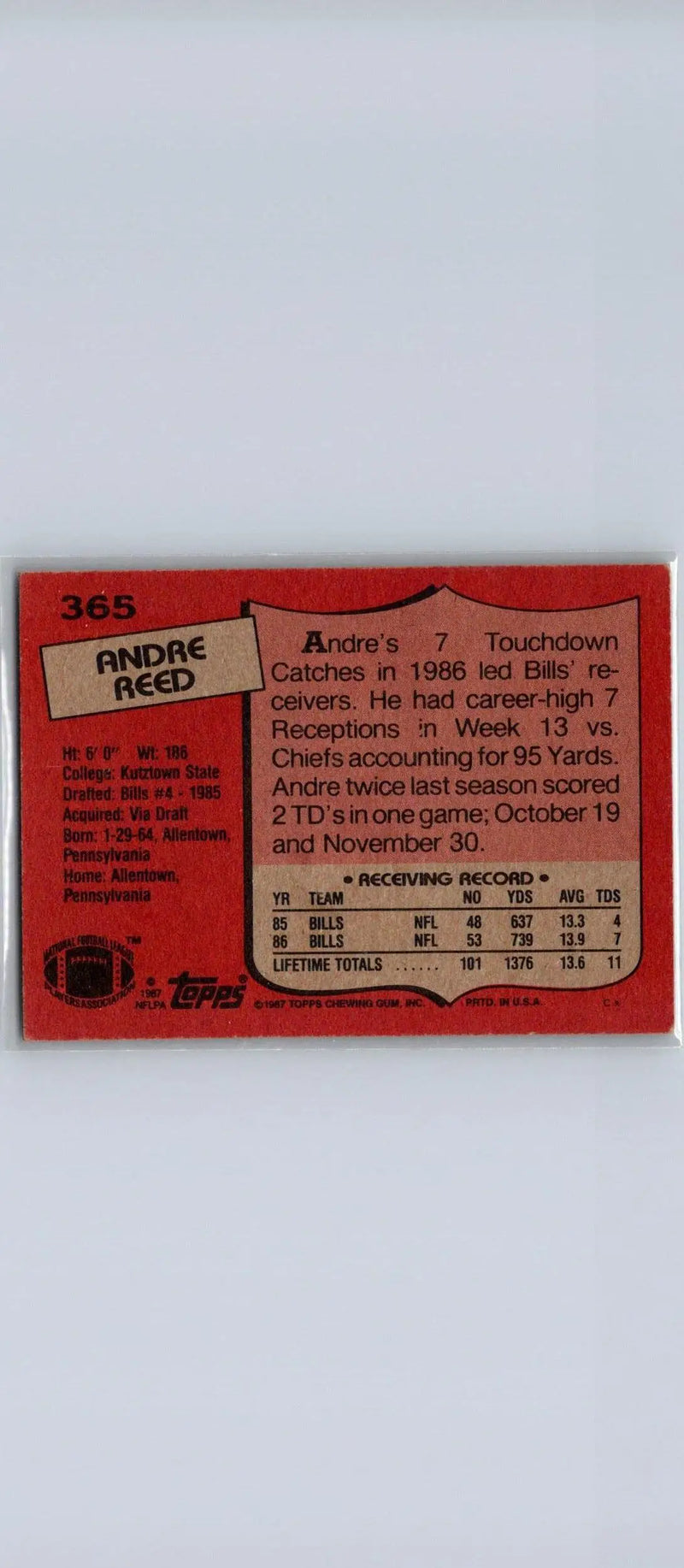 1987 Topps #365 Andre Reed Football Card for trading card collectors and fans