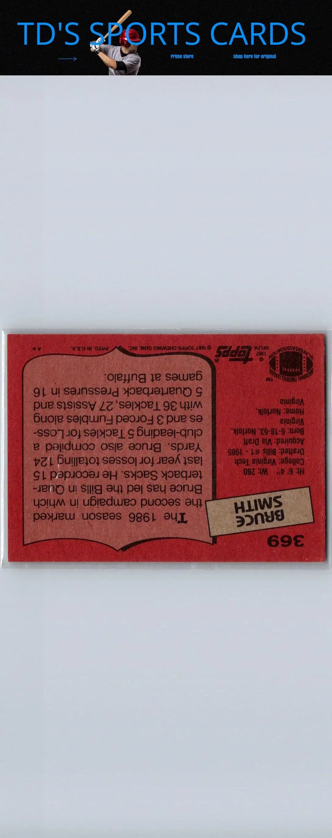 Bruce Smith 1987 Topps #369 trading card featuring the legendary football player