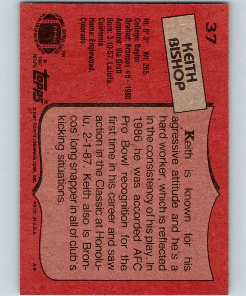 1987 Topps #37 Keith Bishop EX Excellent Denver Broncos Football Card - Football Card Single