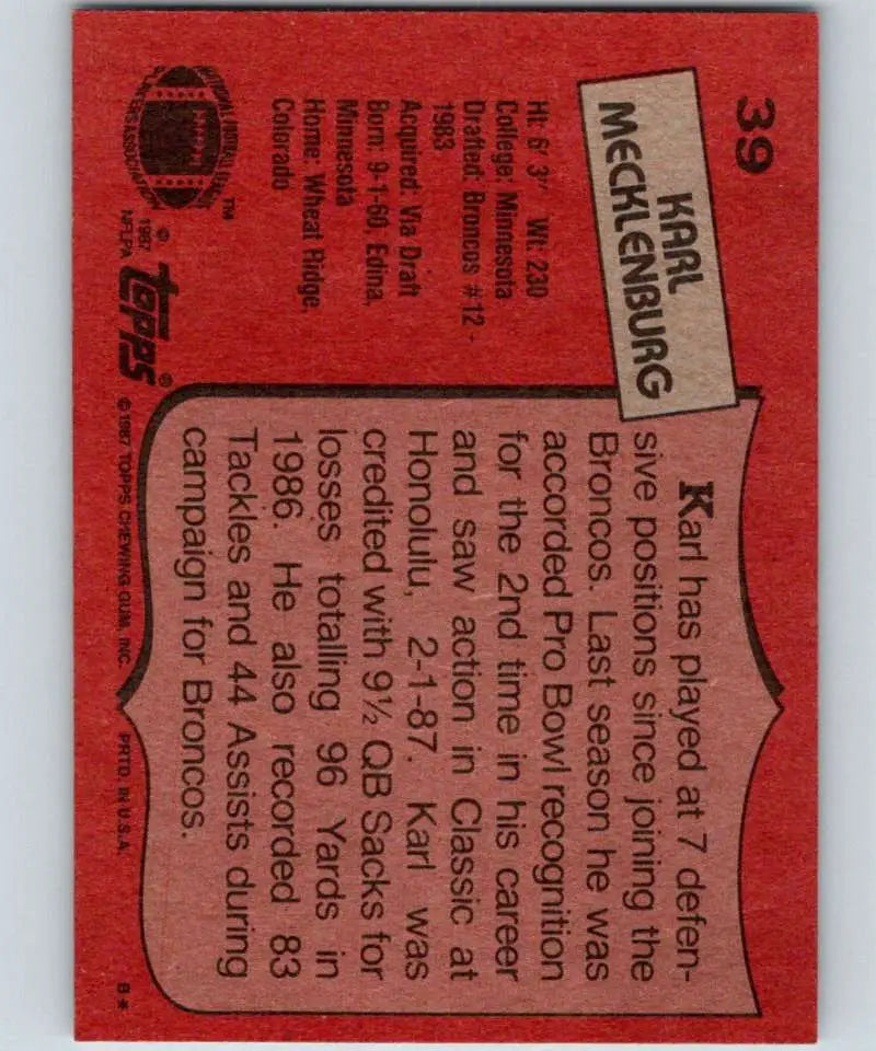 1987 Topps #39 Karl Mecklenburg EX Excellent Denver Broncos Football Card - Football Card Single