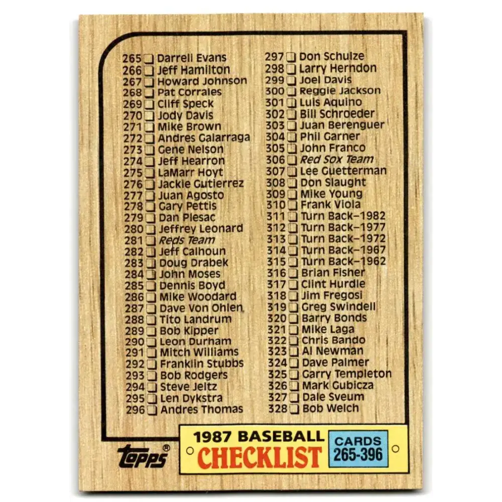 1987 Topps #392 Checklist 265-396 EX Excellent Checklist Baseball Card - Baseball Card Single