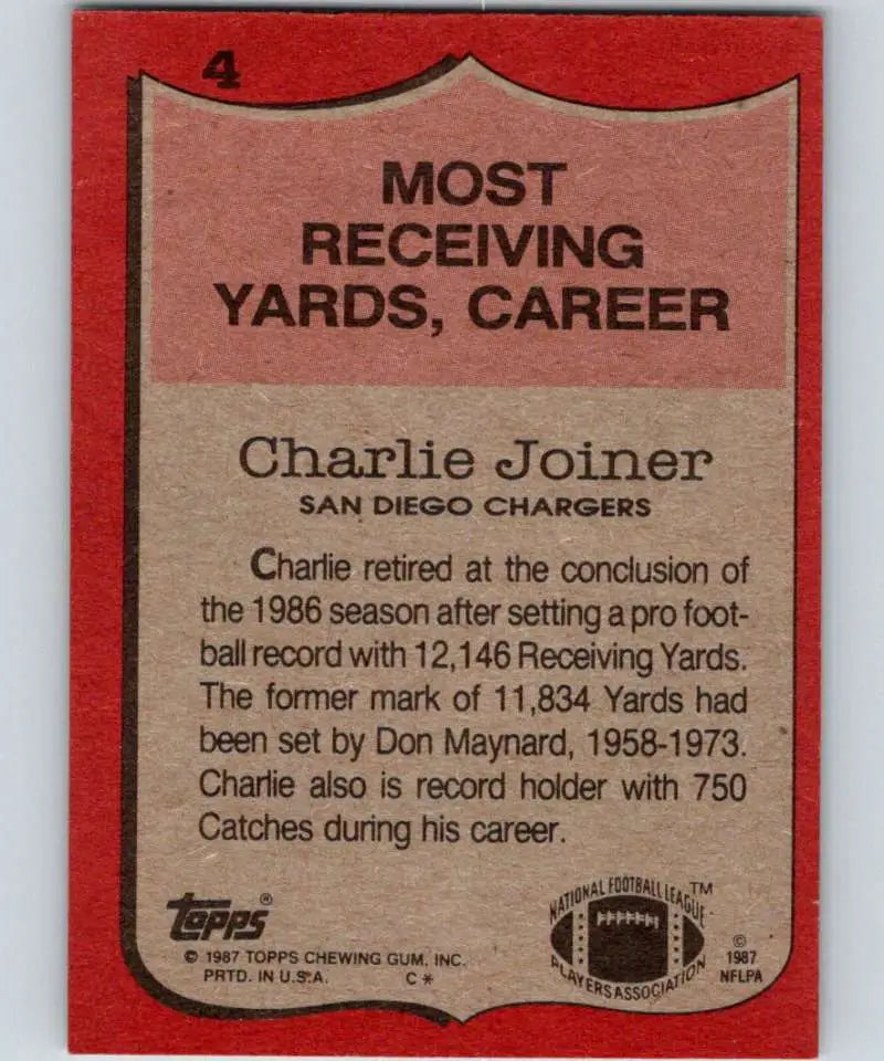 1987 Topps #4 Charlie Joiner EX Excellent San Diego Chargers Football Card - Football Card Single