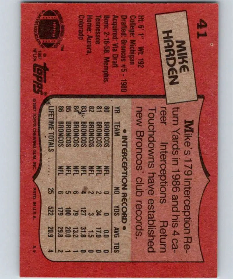 1987 Topps #41 Mike Harden EX Excellent Denver Broncos Football Card - Football Card Single