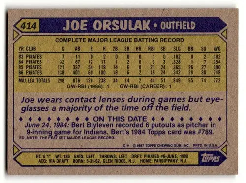 Back of 1987 Topps Joe Orsulak Pittsburgh Pirates baseball card with original gloss