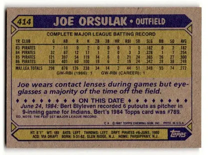 Back of 1987 Topps Joe Orsulak Pittsburgh Pirates baseball card with original gloss