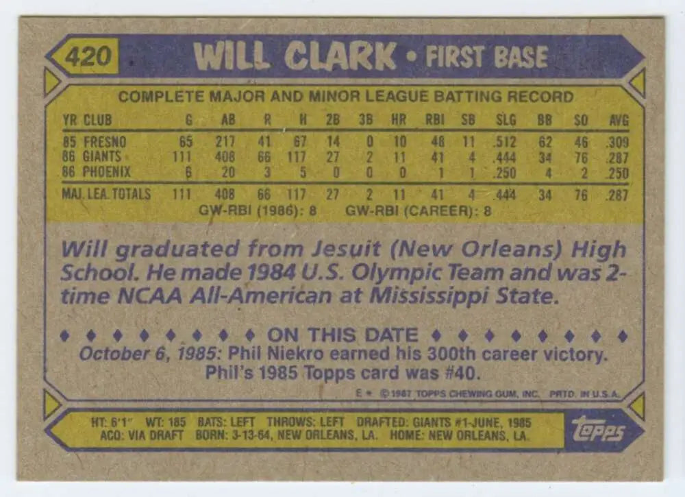 1987 Topps #420 Will Clark EX Excellent RC Rookie San Francisco Giants Baseball Card - Baseball Card Single