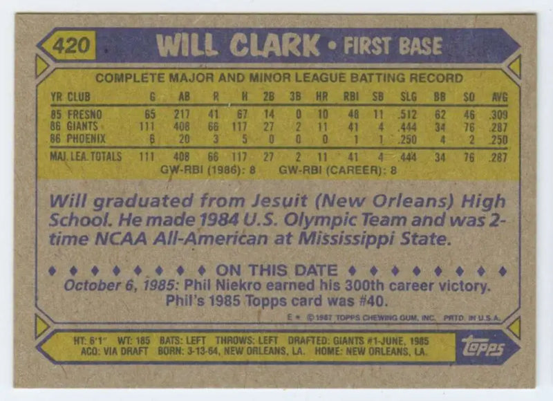 1987 Topps #420 Will Clark EX Excellent RC Rookie San Francisco Giants Baseball Card - Baseball Card Single