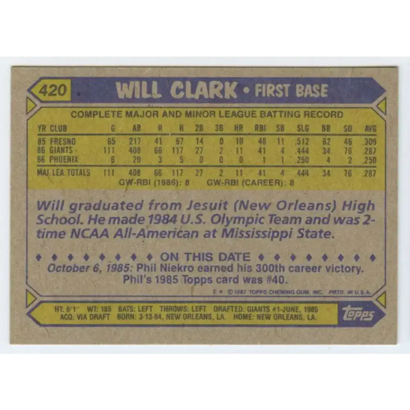 1987 Topps #420 Will Clark EX Excellent RC Rookie San Francisco Giants Baseball Card - Baseball Card Single
