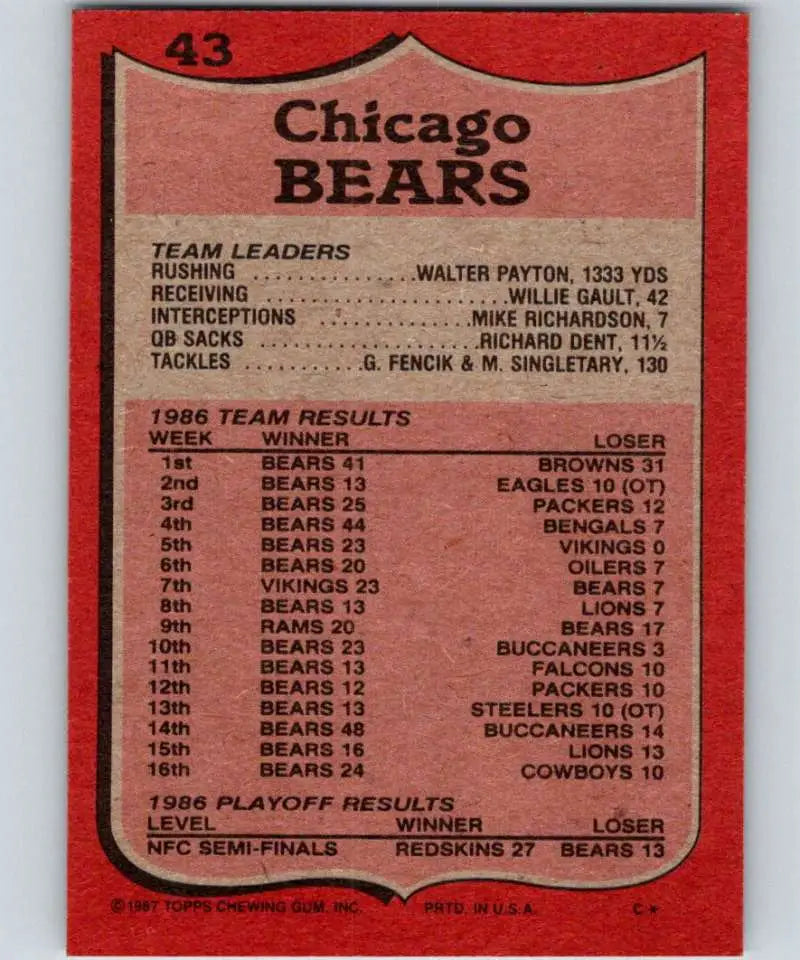 1987 Topps #43 Walter Payton EX Excellent Chicago Bears Football Card - Football Card Single