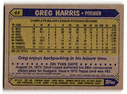 Greg Harris Texas Rangers baseball card from 1987 Topps #44 | EX/NM condition