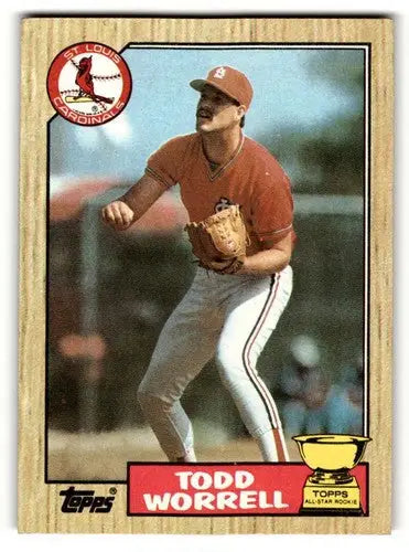 1987 Topps Todd Worrell Cardinals baseball card with original gloss exhibit