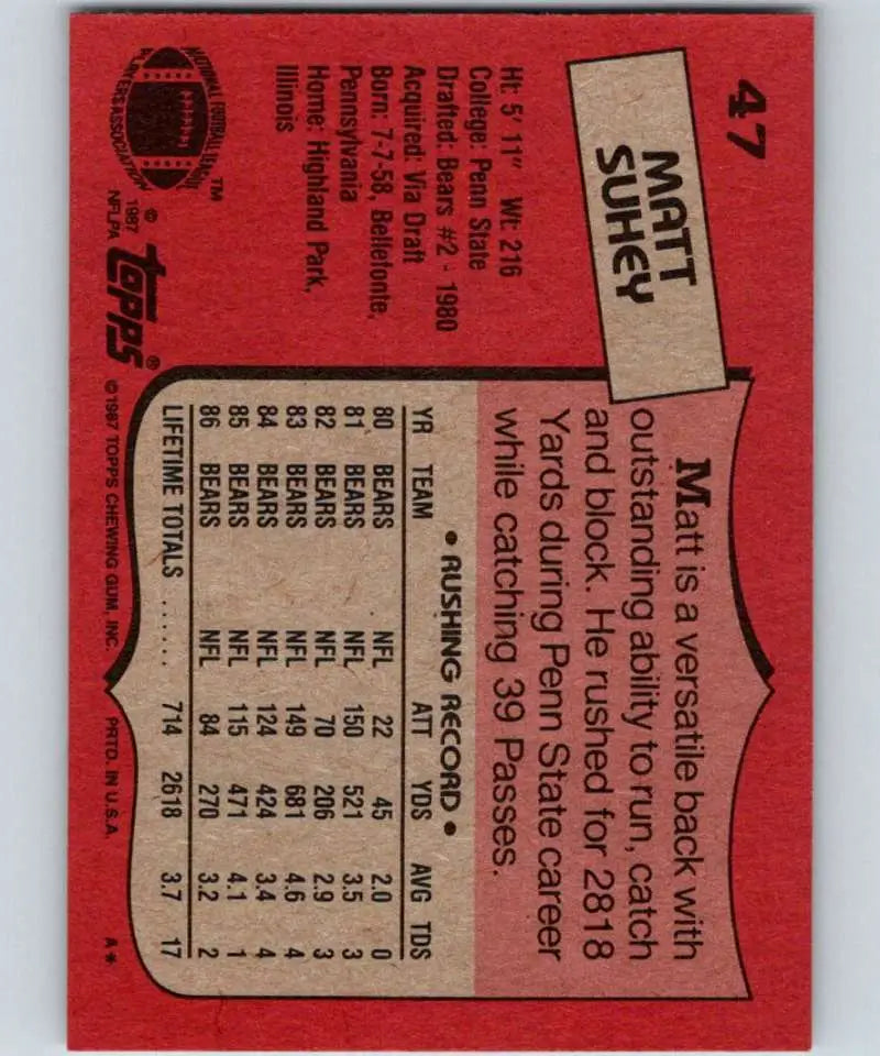 1987 Topps #47 Matt Suhey EX Excellent Chicago Bears Football Card - Football Card Single
