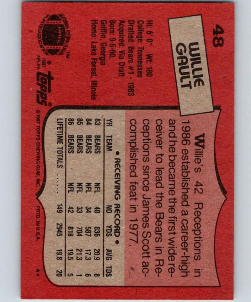 1987 Topps #48 Willie Gault EX Excellent Chicago Bears Football Card - Football Card Single
