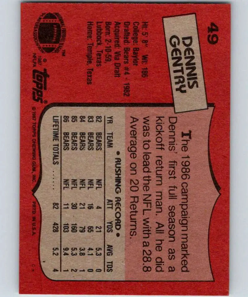 1987 Topps #49 Dennis Gentry EX Excellent RC Rookie Chicago Bears Football Card - Football Card Single