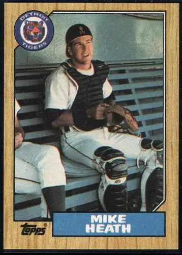 Vintage Detroit Tigers catcher baseball card featuring Mike Heath from 1987 Topps