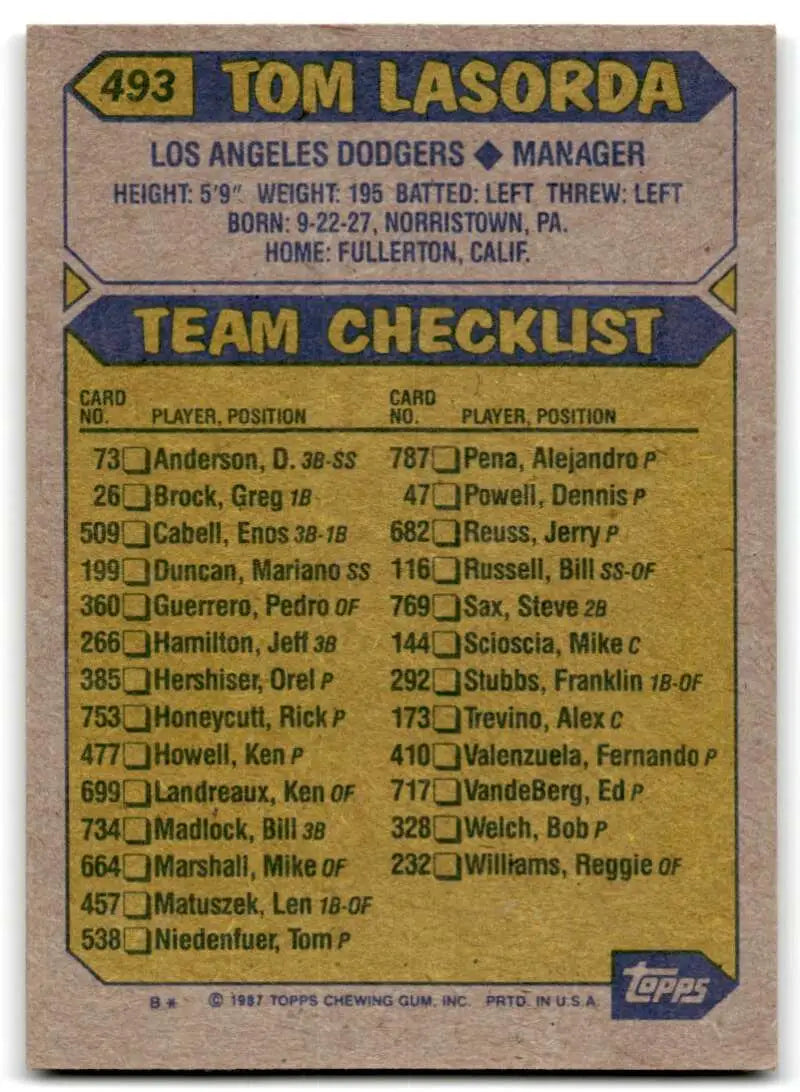 1987 Topps #493 Tommy Lasorda EX Excellent Los Angeles Dodgers Baseball Card - Baseball Card Single