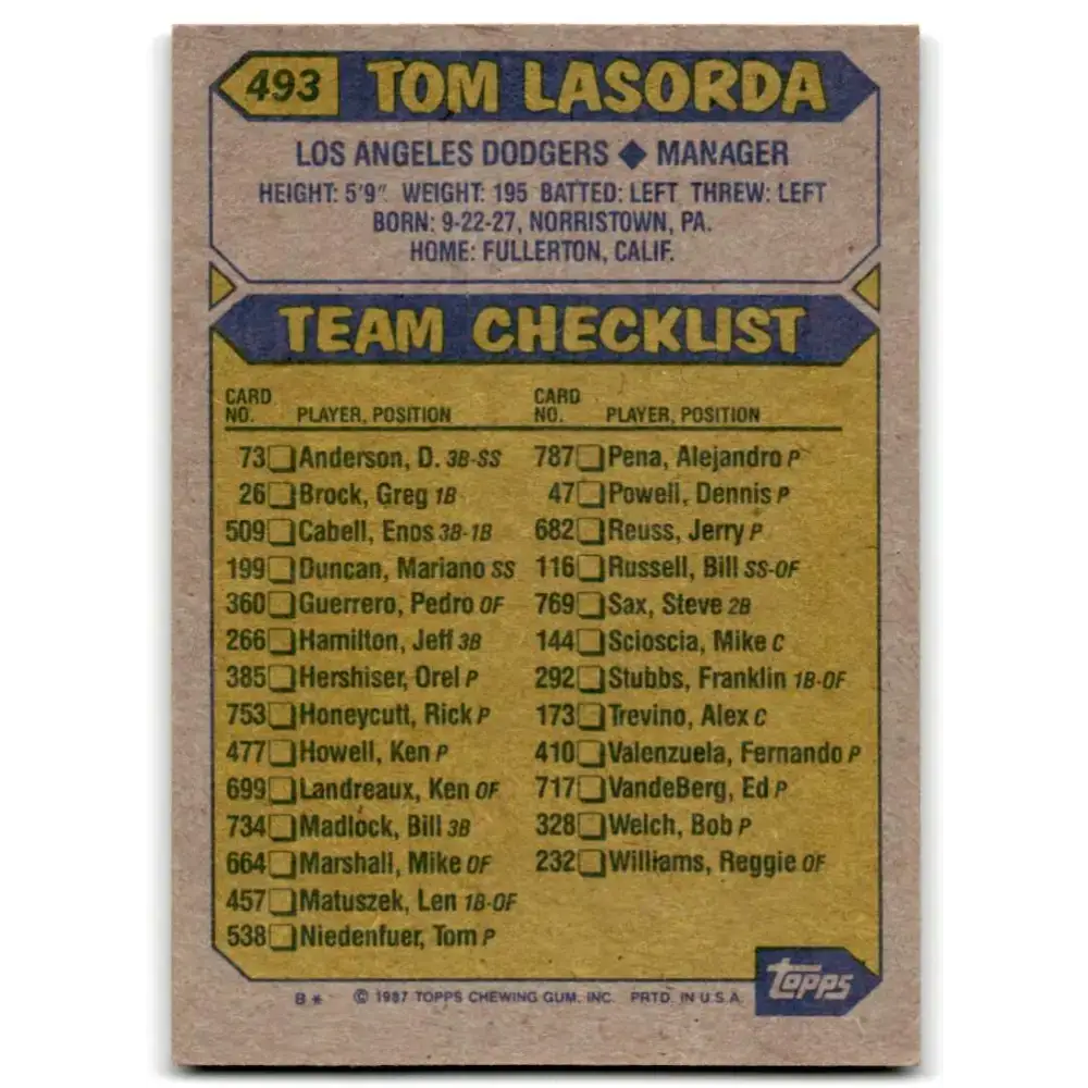 1987 Topps #493 Tommy Lasorda EX Excellent Los Angeles Dodgers Baseball Card - Baseball Card Single