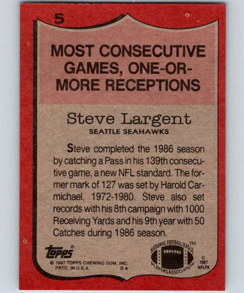 1987 Topps #5 Steve Largent EX Excellent Seattle Seahawks Football Card - Football Card Single