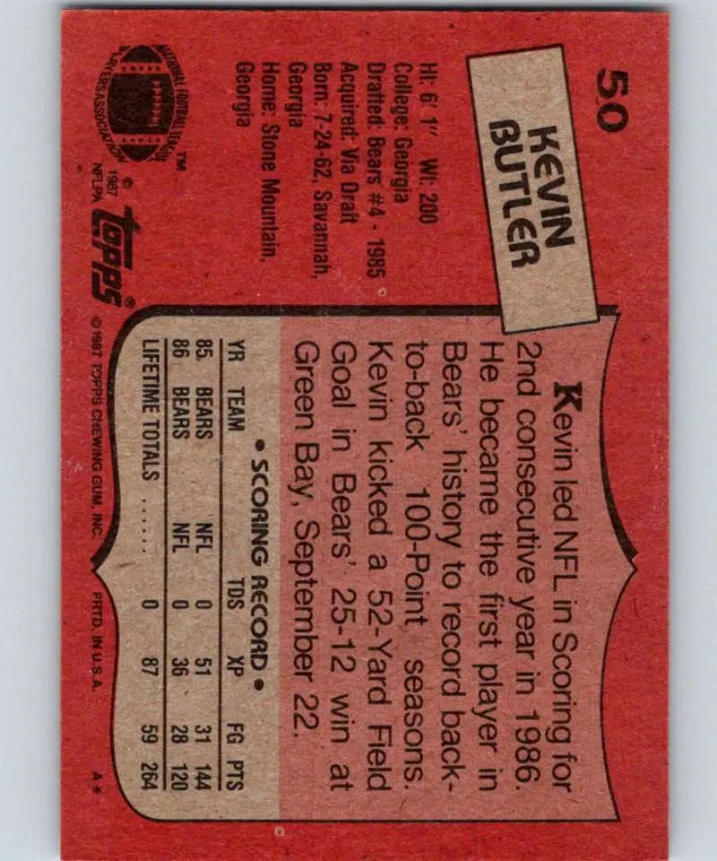 1987 Topps #50 Kevin Butler EX Excellent Chicago Bears Football Card - Football Card Single