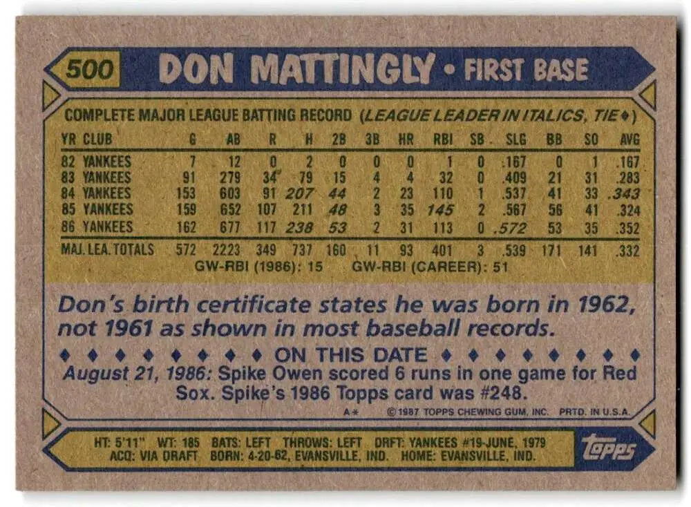 1987 Topps #500 Don Mattingly EX Excellent New York Yankees Baseball Card - Baseball Card Single