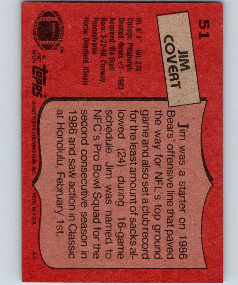 1987 Topps #51 Jim Covert EX Excellent Chicago Bears Football Card - Football Card Single
