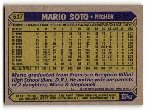 Back of 1987 Topps Mario Soto Cincinnati Reds baseball card showcasing player details