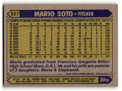 Back of 1987 Topps Mario Soto Cincinnati Reds baseball card showcasing player details