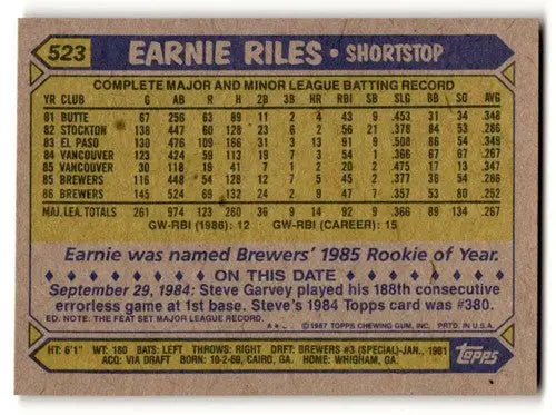 Earnie Riles Milwaukee Brewers baseball card from 1987 Topps #523, EX/NM condition