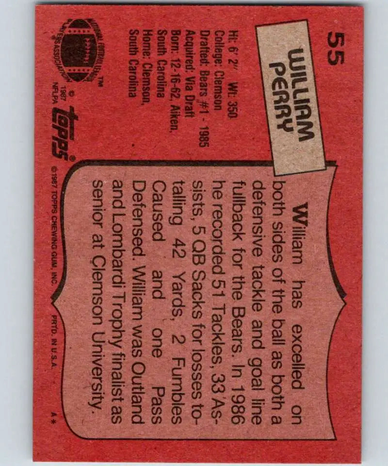 1987 Topps #55 William Perry EX Excellent Chicago Bears Football Card - Football Card Single