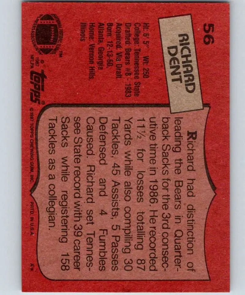 1987 Topps #56 Richard Dent EX Excellent Chicago Bears Football Card - Football Card Single