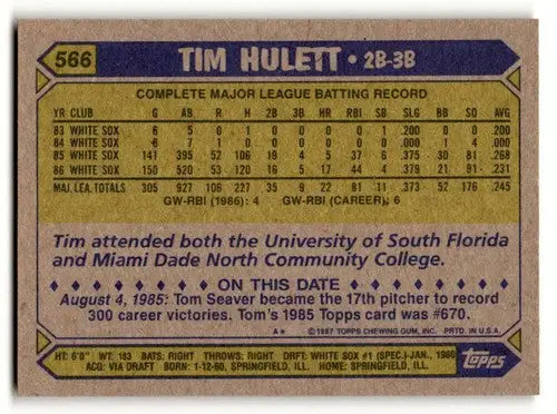 Original gloss of Tim Hulett baseball card back from 1987 Topps Chicago White Sox collection