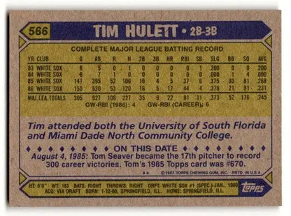 Original gloss of Tim Hulett baseball card back from 1987 Topps Chicago White Sox collection