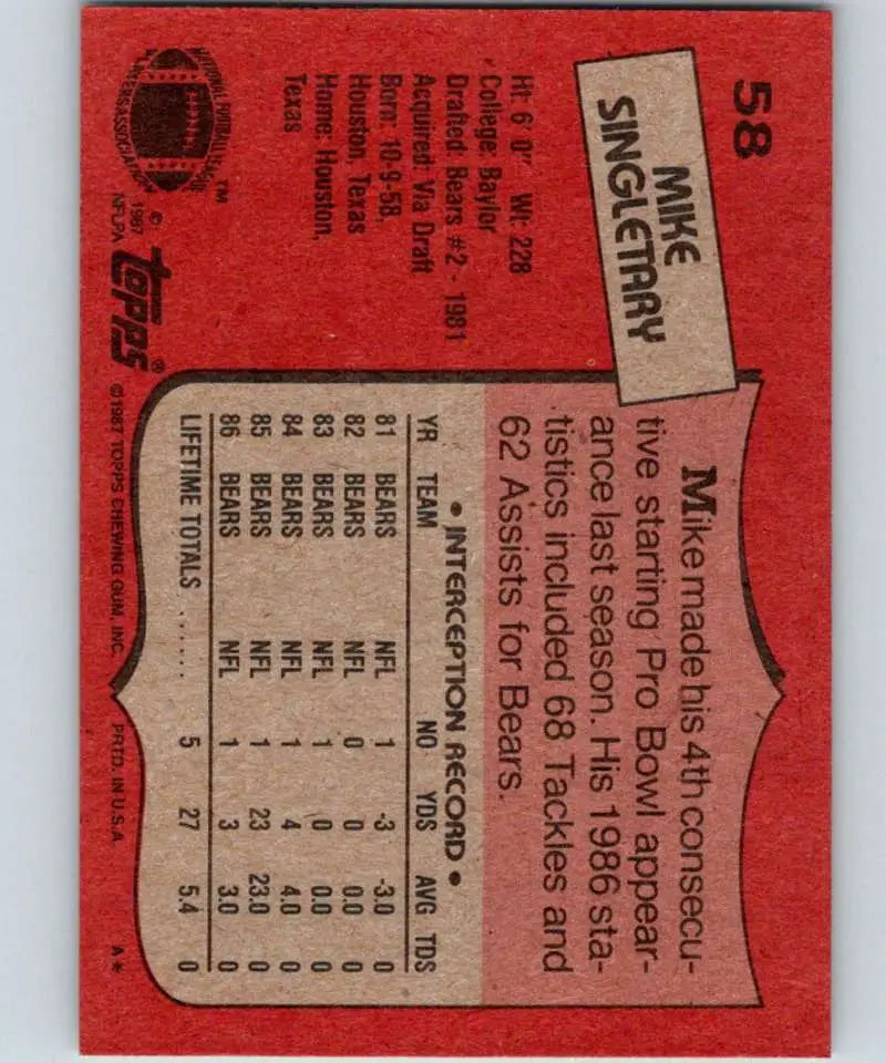 1987 Topps #58 Mike Singletary EX Excellent Chicago Bears Football Card - Football Card Single