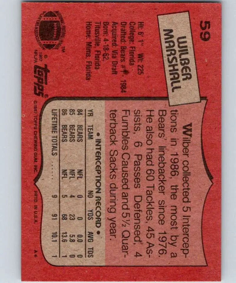 1987 Topps #59 Wilber Marshall EX Excellent Chicago Bears Football Card - Football Card Single