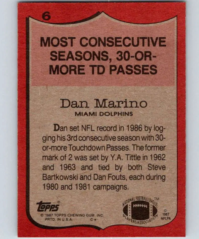 1987 Topps #6 Dan Marino EX Excellent Miami Dolphins Football Card - Football Card Single