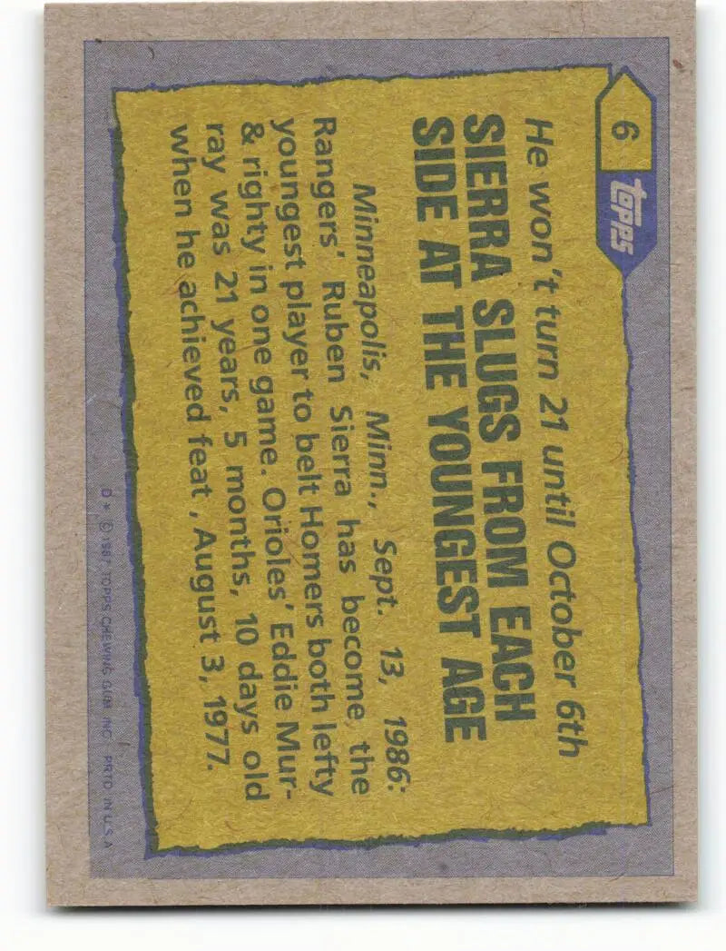 1987 Topps #6 Ruben Sierra EX Excellent Texas Rangers Baseball Card - Baseball Card Single