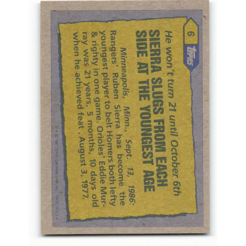 1987 Topps #6 Ruben Sierra EX Excellent Texas Rangers Baseball Card - Baseball Card Single