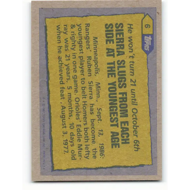 1987 Topps #6 Ruben Sierra EX Excellent Texas Rangers Baseball Card - Baseball Card Single