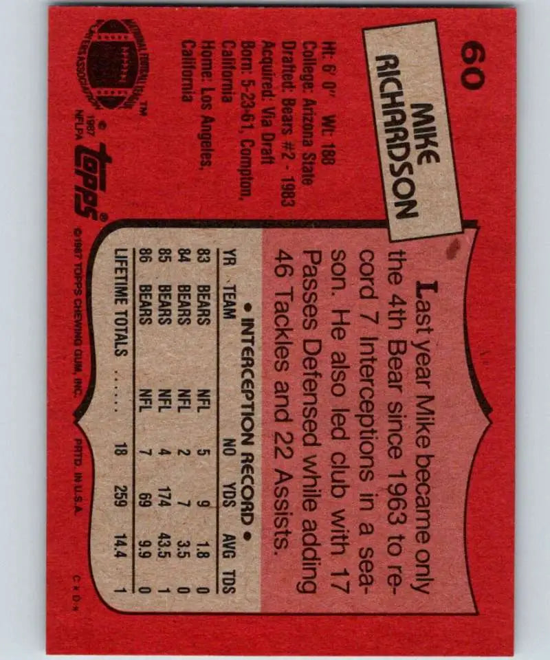 1987 Topps #60 Mike Richardson EX Excellent Chicago Bears Football Card - Football Card Single