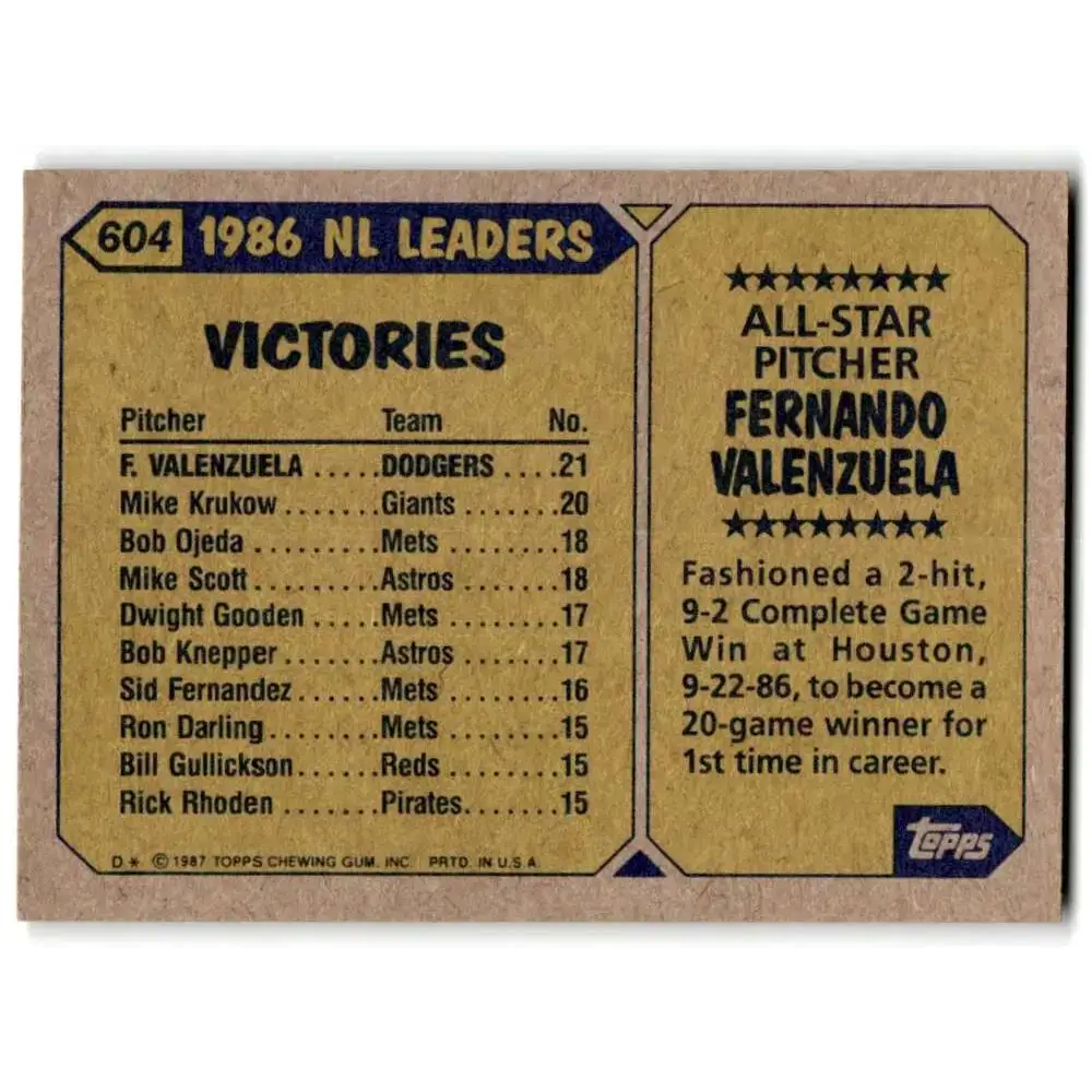 1987 Topps #604 Fernando Valenzuela EX Excellent Los Angeles Dodgers Baseball Card - Baseball Card Single