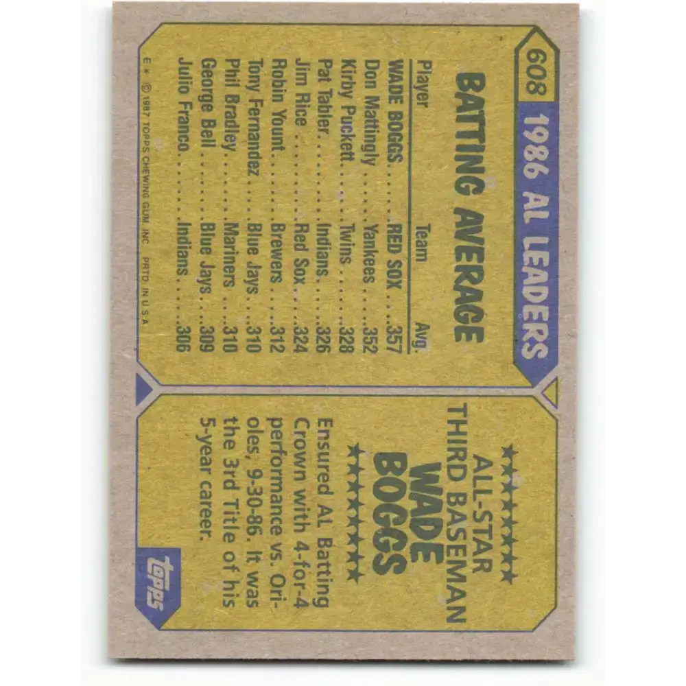 1987 Topps #608 Wade Boggs EX Excellent Boston Red Sox Baseball Card - Baseball Card Single