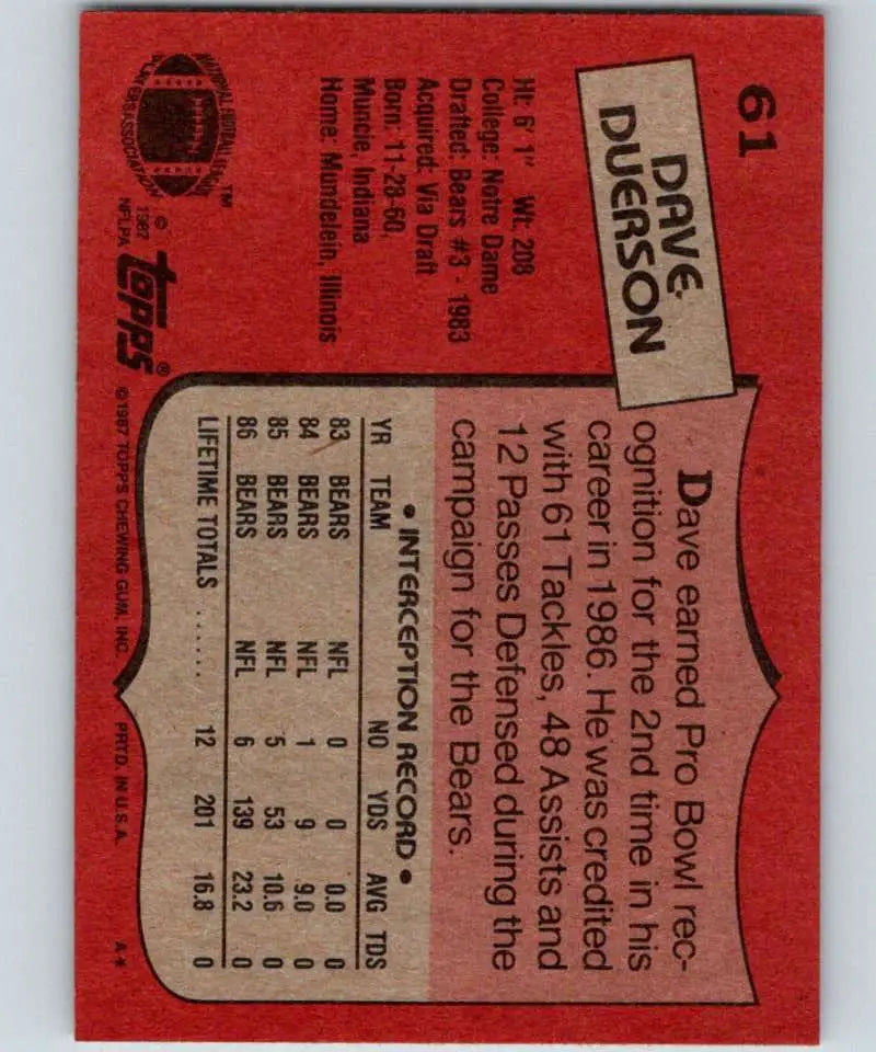 1987 Topps #61 Dave Duerson EX Excellent Chicago Bears Football Card - Football Card Single