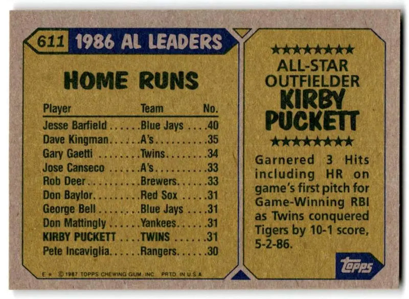 1987 Topps #611 Kirby Puckett EX Excellent Minnesota Twins Baseball Card - Baseball Card Single
