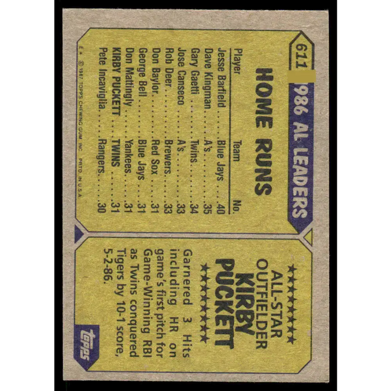 1987 Topps #611 Kirby Puckett EX/NM Minnesota Twins Baseball Card - Baseball Card Single
