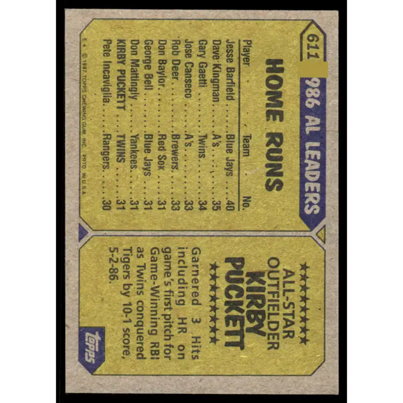1987 Topps #611 Kirby Puckett EX/NM Minnesota Twins Baseball Card - Baseball Card Single